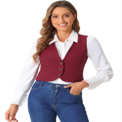 Allegra K Plaid Vest for Women's Single Breasted Sleeveless Racerback Vintage Waistcoat Large Red Black