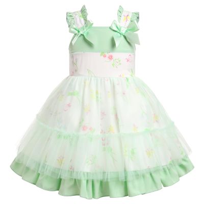 ODASDO Baby Girl Birthday Party Dress Toddler Kids Summer Sundress Floral Printed Tulle Princess Sleeveless Bowknot Ruffle Dresses for Birthday Party Pageant Casual Holiday Photo Shoot Green 18-24M