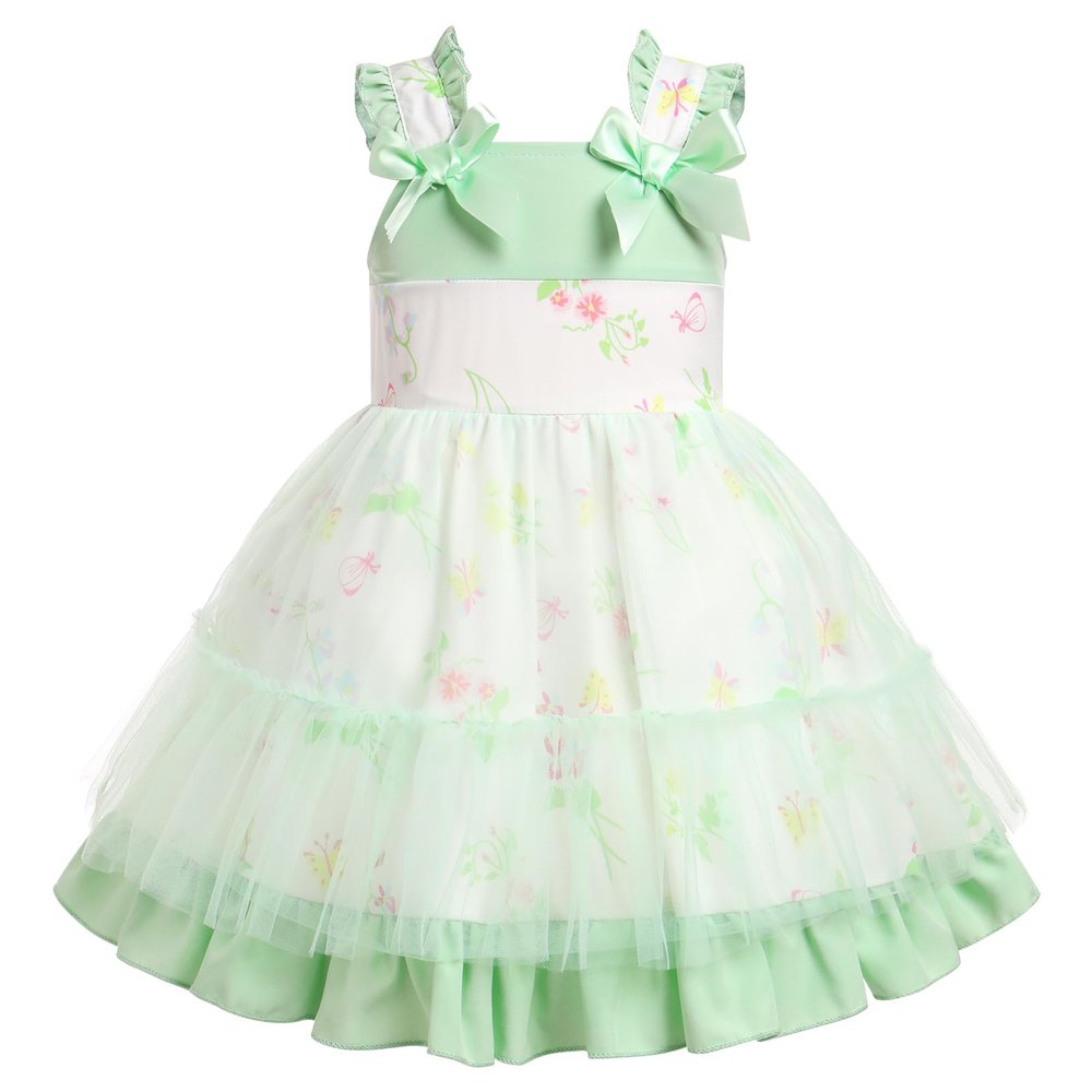 ODASDO Baby Girl Birthday Party Dress Toddler Kids Summer Sundress Floral Printed Tulle Princess Sleeveless Bowknot Ruffle Dresses for Birthday Party Pageant Casual Holiday Photo Shoot Green 18-24M
