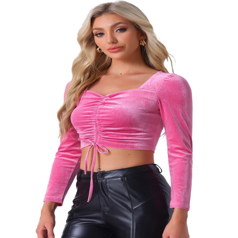 Allegra K Velvet Crop Top for Women's Halloween Ruched Drawstring Front Party Long Sleeve Top Medium Hot Pink