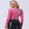 Allegra K Velvet Crop Top for Women's Halloween Ruched Drawstring Front Party Long Sleeve Top Medium Hot Pink view 3