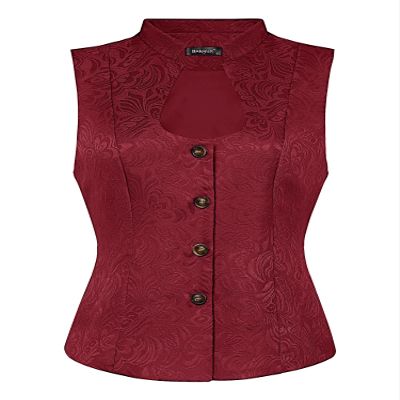 Allegra K Vintage Suit Waistcoat for Women's Gothic Blazer Sleeveless Steampunk Jacquard Dressy Vest X-Large Burgundy