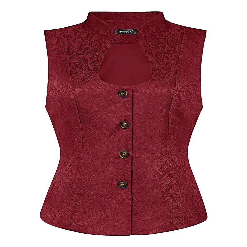 Allegra K Vintage Suit Waistcoat for Women's Gothic Blazer Sleeveless Steampunk Jacquard Dressy Vest X-Large Burgundy