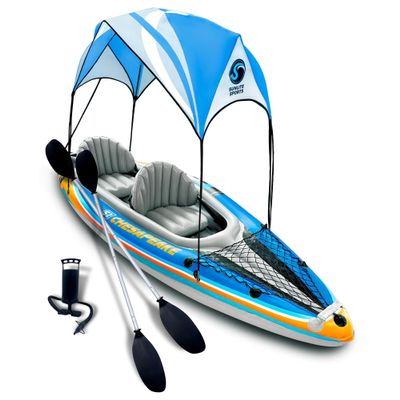 Sunlite Sports 2 Person Inflatable Kayak with Sunshade Canopy, High Output Air Pump and Storage Bag, Portable Tandem Kayak with Aluminum Oars for Lakes and Rivers