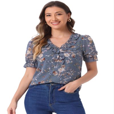 Allegra K Floral Blouse for Women's Ruffle V Neck Puff Short Sleeve Top X-Small Grey Blue