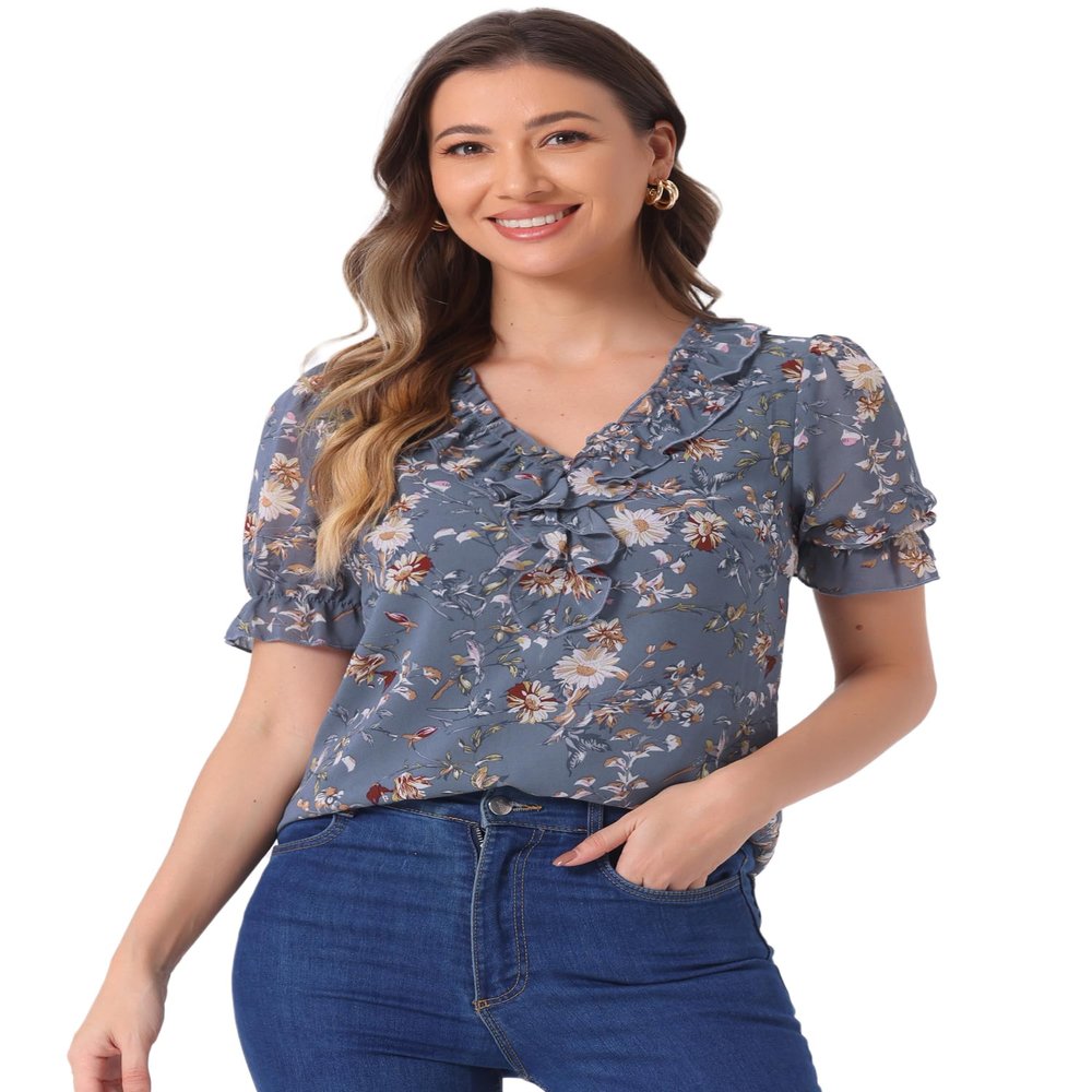 Allegra K Floral Blouse for Women's Ruffle V Neck Puff Short Sleeve Top X-Small Grey Blue