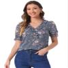Allegra K Floral Blouse for Women's Ruffle V Neck Puff Short Sleeve Top X-Small Grey Blue view 1