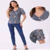 Allegra K Floral Blouse for Women's Ruffle V Neck Puff Short Sleeve Top X-Small Grey Blue view 2