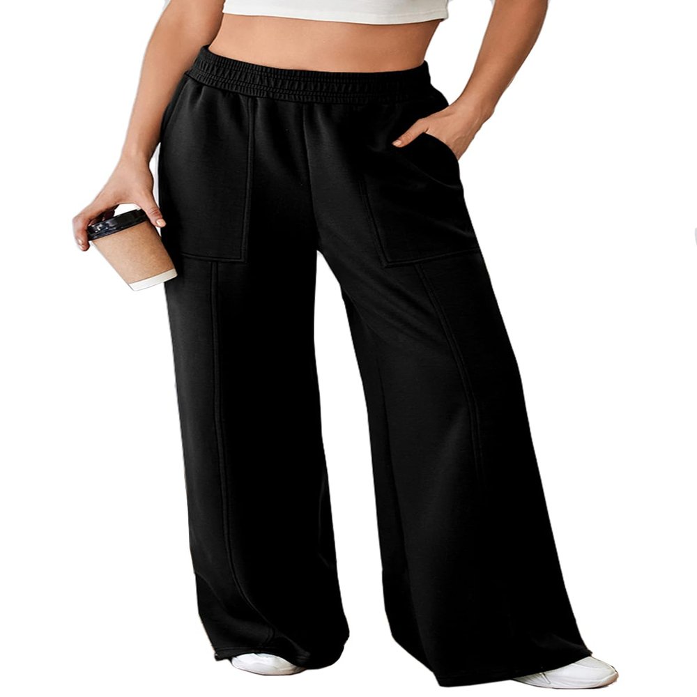 Aleumdr Wide Leg Pants for Women 2025 Fall Elastic High Waisted Sweatpants Casual Long Pants Jogger Pants with Pockets Black Medium