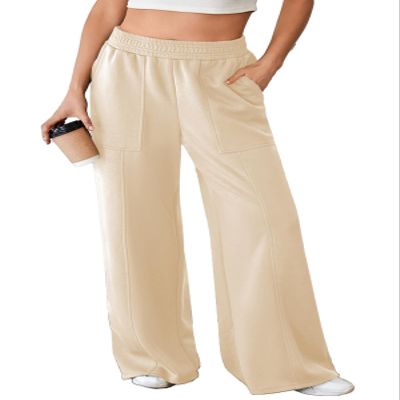 Aleumdr High Waisted Sweatpants for Women 2025 Fall Wide Leg Pants with Pockets Comfy Lounge Pants Flowy Pants Beige Medium