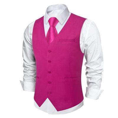 DiBanGu Men's Hot Pink Suit Vest Business Dress Waistcoat with 2 Pockets V-Neck Tuxedo Vests for Formal Wedding, Pink, 3XL