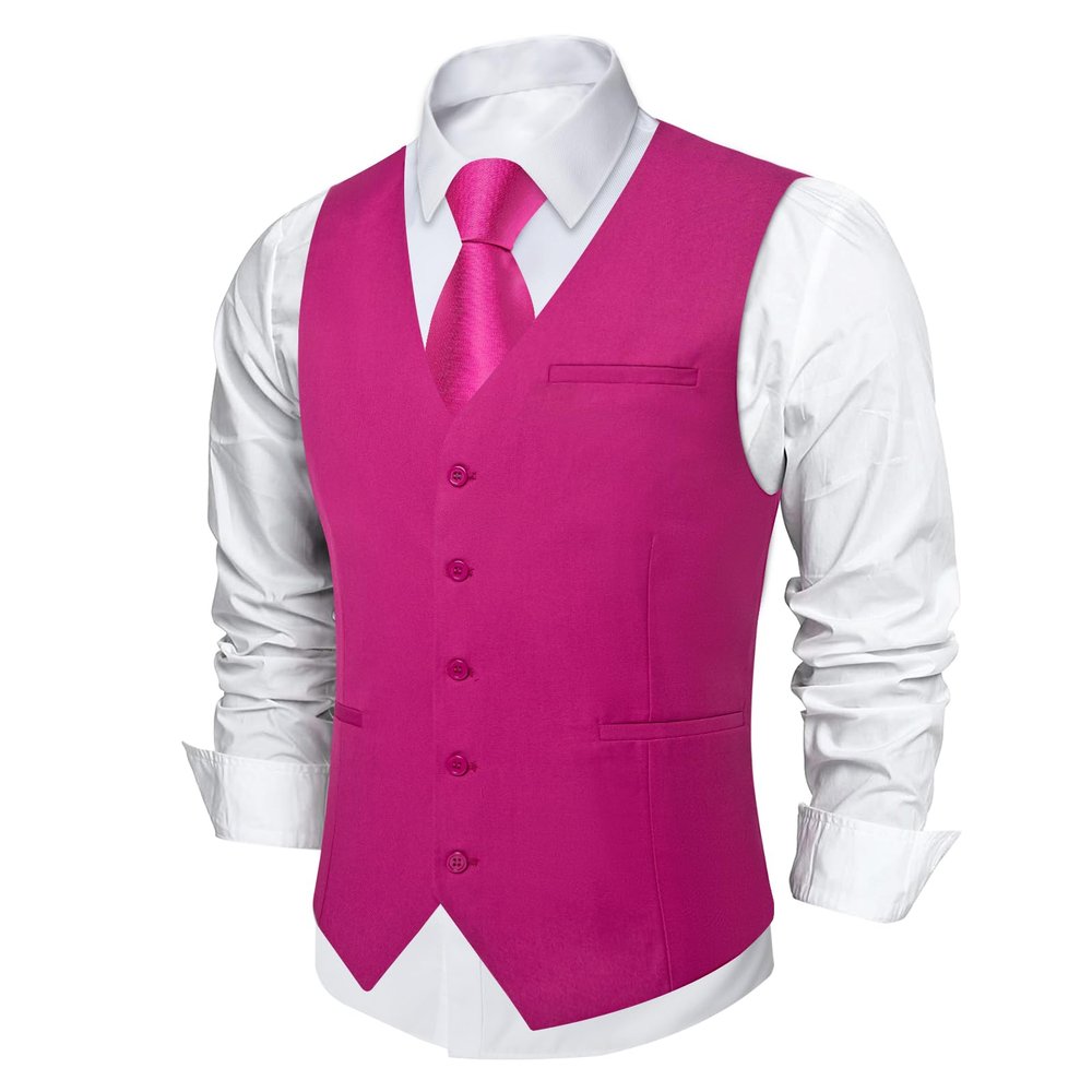 DiBanGu Men's Hot Pink Suit Vest Business Dress Waistcoat with 2 Pockets V-Neck Tuxedo Vests for Formal Wedding, Pink, 3XL