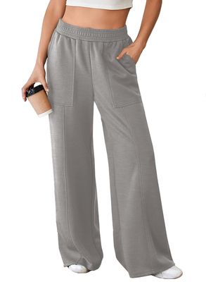 Aleumdr Wide Leg Pants for Women 2025 Fall Elastic High Waisted Sweatpants Casual Long Pants Jogger Pants with Pockets Gray 2X-Large