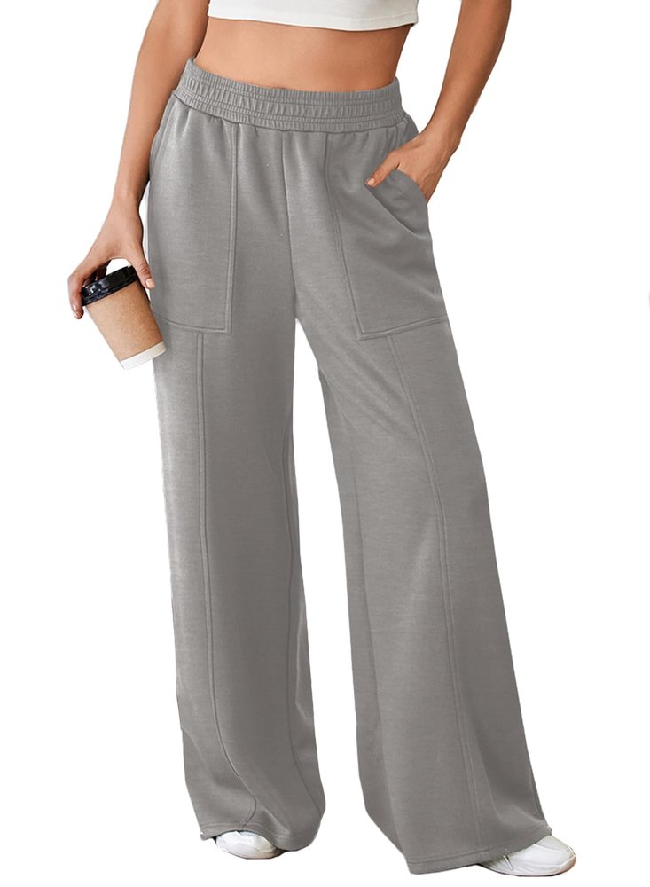 Aleumdr Wide Leg Pants for Women 2025 Fall Elastic High Waisted Sweatpants Casual Long Pants Jogger Pants with Pockets Gray 2X-Large