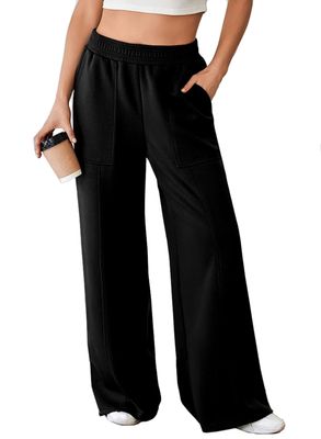 Aleumdr Wide Leg Pants for Women 2025 Fall Elastic High Waisted Sweatpants Casual Long Pants Jogger Pants with Pockets Black Large