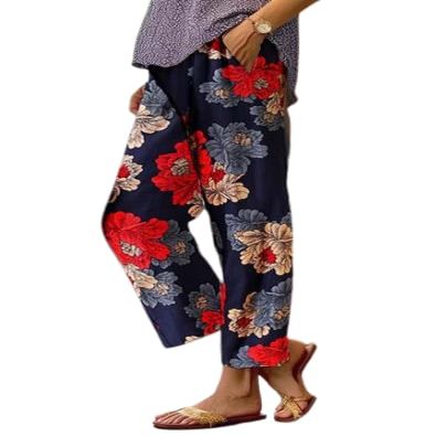 Akivide Women Casual Floral Print Linen Pant Summer Boho High Elastic Waist Straight Wide Leg Pant Loose Plus Size Beach Lounge Capri Tapered Trouser with Pocket