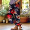 Akivide Women Casual Floral Print Linen Pant Summer Boho High Elastic Waist Straight Wide Leg Pant Loose Plus Size Beach Lounge Capri Tapered Trouser with Pocket view 2