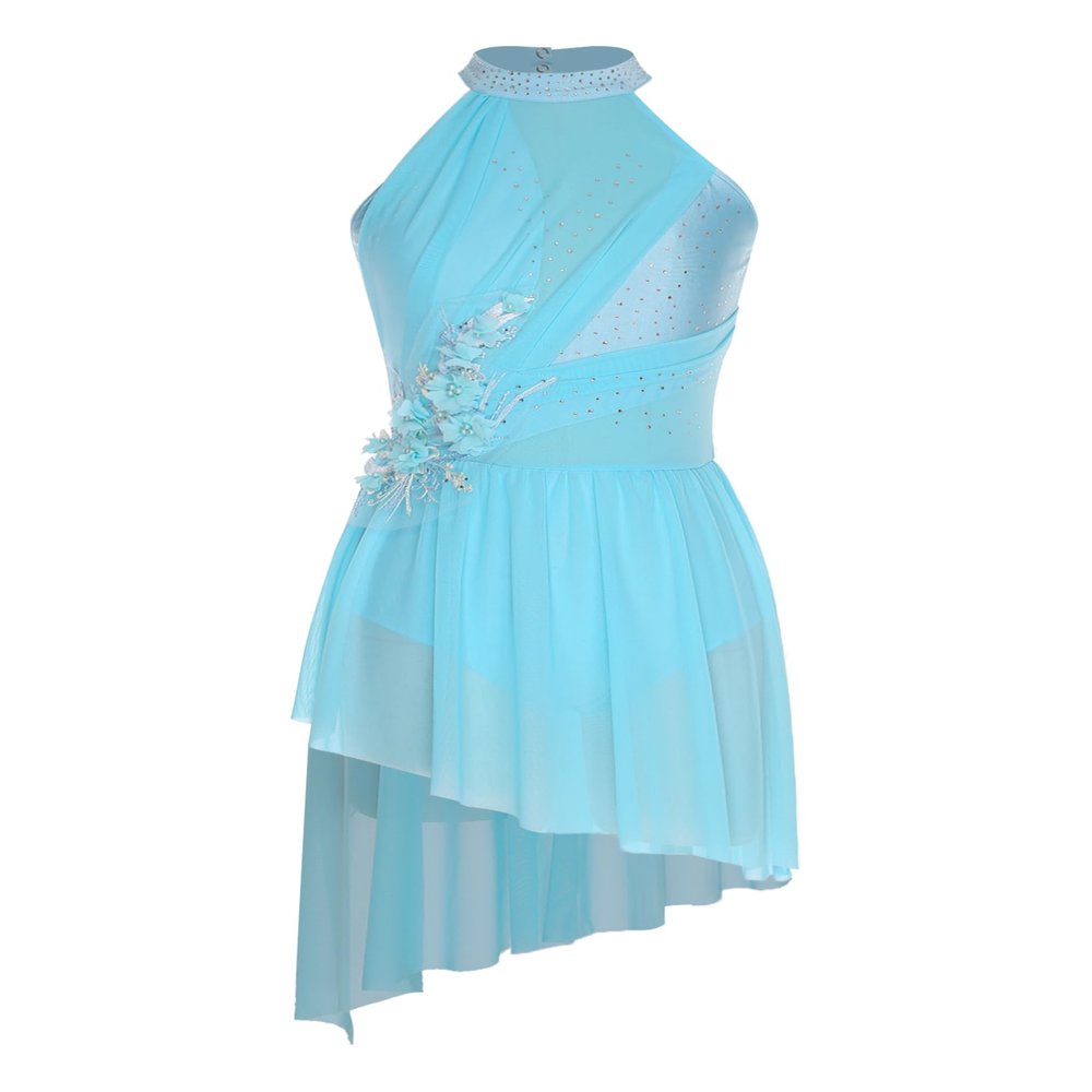 vastwit Women's Lyrical Dance Leotard Dress Rhinestones Mesh Tulle High Low Skirt Contemporary Dance Costume Light Blue Medium