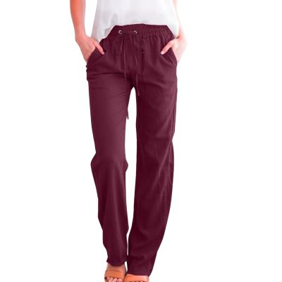 HJYUZP Women's Casual Pants, Placed,Womens Casual Cotton Linen Pants Lightweight Summer Relax Fit Elastic Waist Plus Size Solid Lounge Long Trousers,Wine,3X-Large