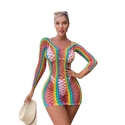 Women Rainbow Striped Fishnet Bodysuit Sexy Mesh Teddy Babydoll Mini Dress Bikini Beach Coverups Festival Rave Outfits