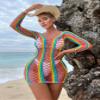 Women Rainbow Striped Fishnet Bodysuit Sexy Mesh Teddy Babydoll Mini Dress Bikini Beach Coverups Festival Rave Outfits view 3