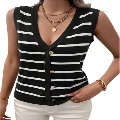 ebossy Women's Sexy V Neck Striped Buttons Decorated Sleeveless Pullover Ribbed Knit Sweater Vest Waistcoat (L, Black)