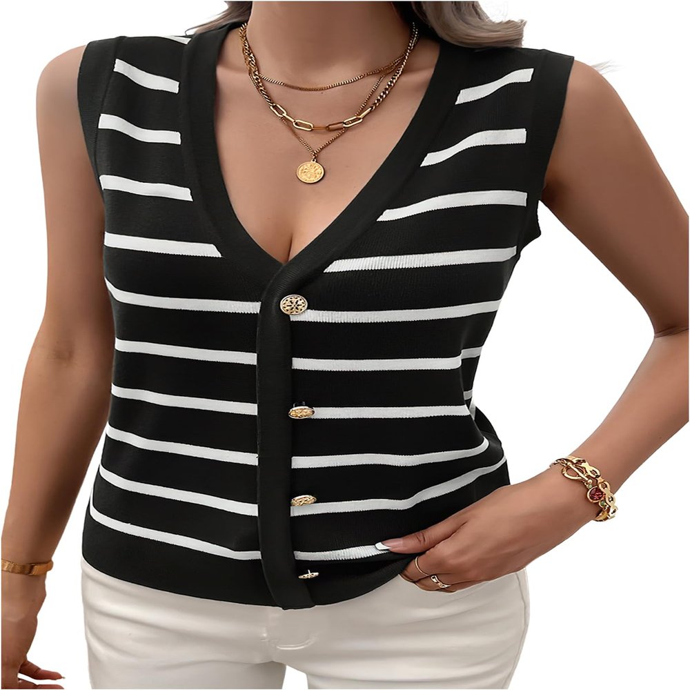 ebossy Women's Sexy V Neck Striped Buttons Decorated Sleeveless Pullover Ribbed Knit Sweater Vest Waistcoat (L, Black)