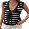 ebossy Women's Sexy V Neck Striped Buttons Decorated Sleeveless Pullover Ribbed Knit Sweater Vest Waistcoat (L, Black) view 1