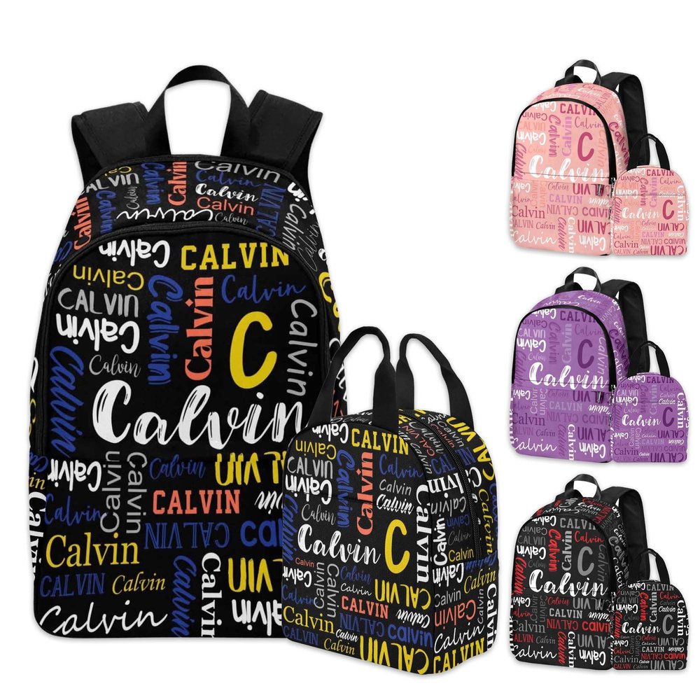 FUNAO Custom Kids Backpacks Lunch Bag with Text, Personalized Bookbag for Boys Girls Toddler Black School Bag with Name Back to School Elementary Travel Bag Back Pack