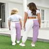 AOWKULAE Big Girls Pants, Drawstring Elastic Waist Loose Tapered Cargo Jogger Pants with Multi Pockets for Girl, Z-White Purple, 14-16 Years = Tag 180 view 3