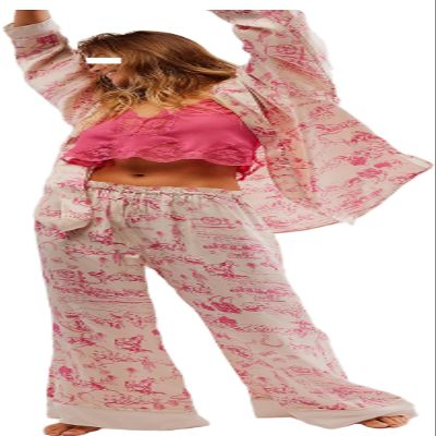 LILTWIST Pink Silk Western Cowgirl Pajamas for Women Satin 2 Piece Floral Pjs Wide Leg Lounge Pants Button down Pj Shirt Set