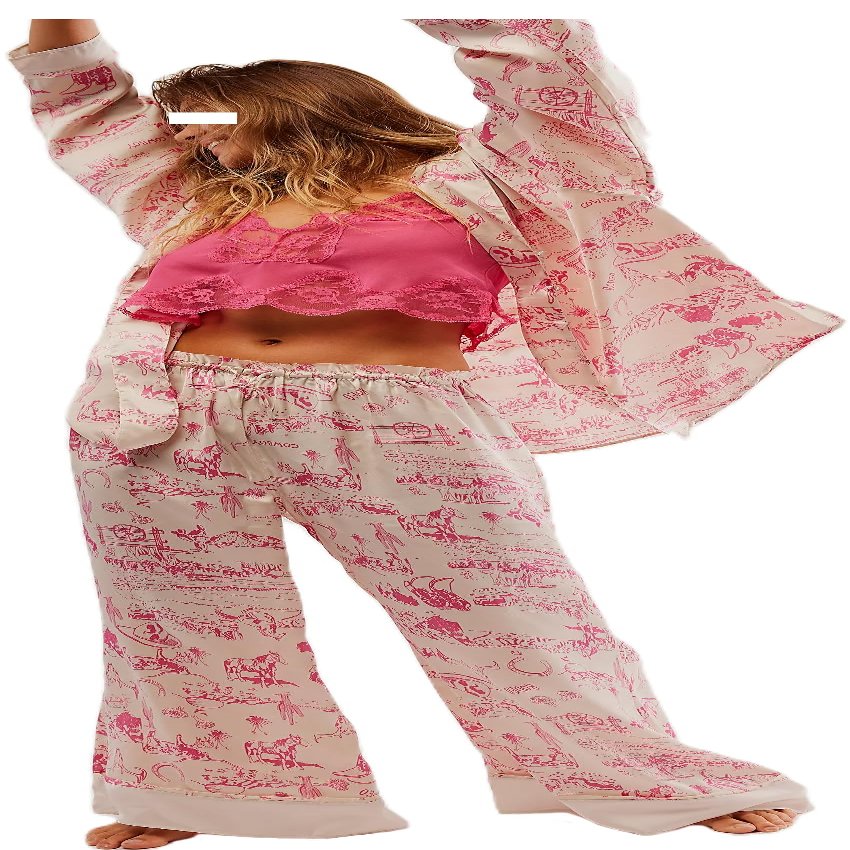 LILTWIST Pink Silk Western Cowgirl Pajamas for Women Satin 2 Piece Floral Pjs Wide Leg Lounge Pants Button down Pj Shirt Set