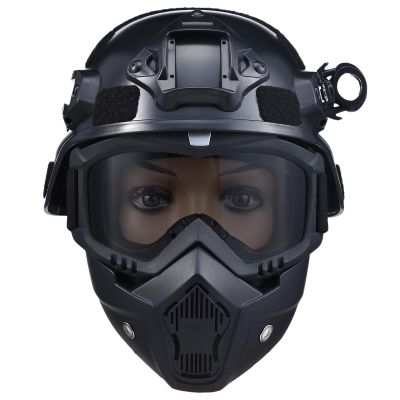 Black Airsoft Tactical Combat Set: Full Face Mask & Helmet with Detachable Adjustable Goggles, Front NVG Bracket & Side Rails - Safety Protection Gear for Air Soft, Bullet PJ Helmets