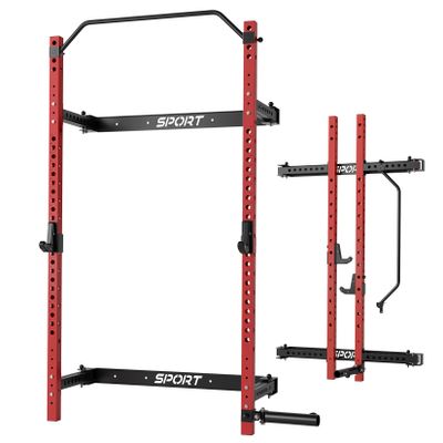 Folding Squat Rack, 1000LBS Capacity Wall Mounted Squat Rack, 2.36"x2.36" Foldable Squat Rack for Home Gym with Pull Up Bar, J Hook, Landmine