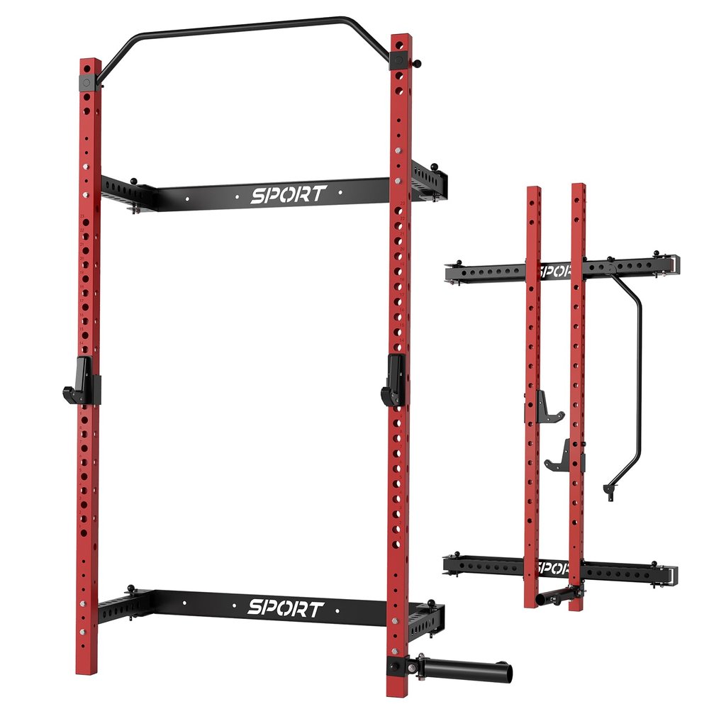 Folding Squat Rack, 1000LBS Capacity Wall Mounted Squat Rack, 2.36"x2.36" Foldable Squat Rack for Home Gym with Pull Up Bar, J Hook, Landmine
