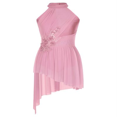HULIJA Women Applique Lyrical Dance Dress Irregular Flowy Tulle Skirt Leotard Contemporary Dance Costume Pink X-Large