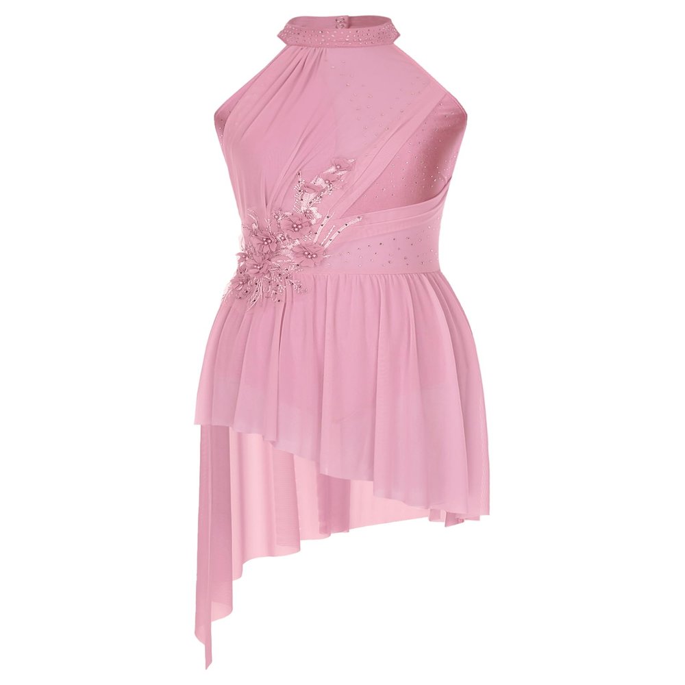 HULIJA Women Applique Lyrical Dance Dress Irregular Flowy Tulle Skirt Leotard Contemporary Dance Costume Pink X-Large