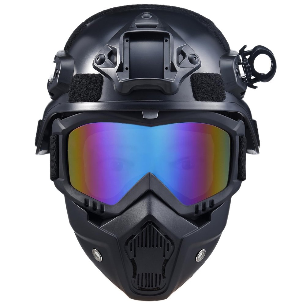 Airsoft & Paintball Tactical Helmet with Full Face Mask, Detachable Goggles, NVG Mount, Side Rail - Military Fast Base Jump PJ Style Adjustable Gear