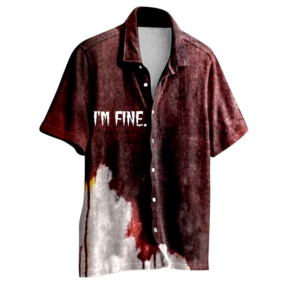 Generic Halloween Shirt I'M Fine Bloody Shirt Short Sleeve Button Down Shirt Halloween Bloody Cloth Horror Shirts Funny Shirts Wine, 3X-Large