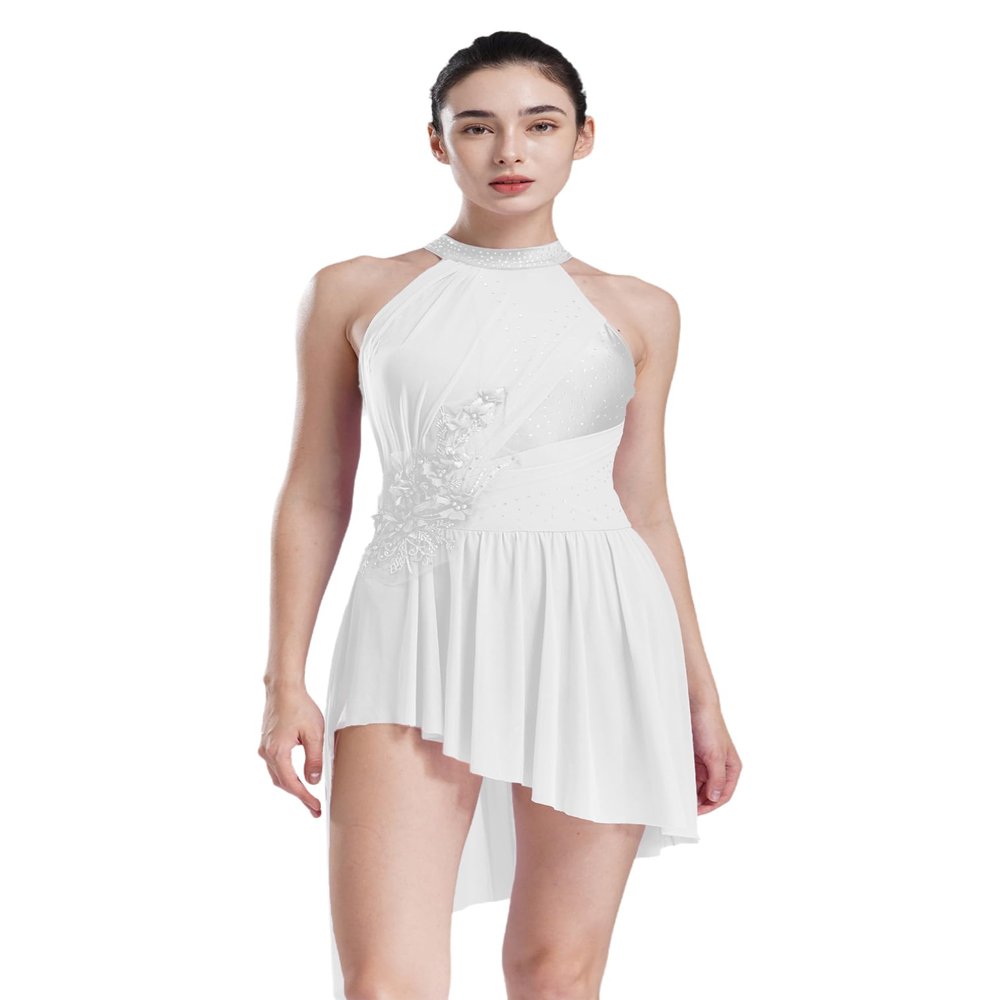 FEESHOW Women's Lyrical Dance Costume Asymmetrical Flowy Skirted Leotard Figure Ice Skating Dance Costume Ivory XX-Large
