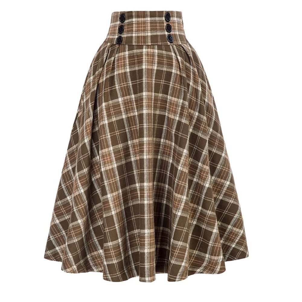 Womens Plaid Midi Skirt Vintage High Waist A Line Pleated Skirt with Pocket (US, Alpha, X-Large, Regular, Regular, Yellow)