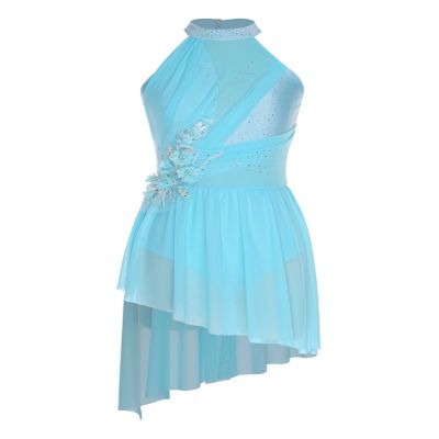 HULIJA Women Applique Lyrical Dance Dress Irregular Flowy Tulle Skirt Leotard Contemporary Dance Costume LightBlue Medium