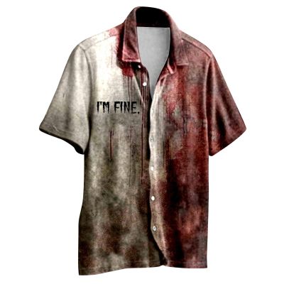 Halloween Shirt I'm Fine Bloody Shirt Short Sleeve Button Down Shirt Halloween Bloody Cloth Horror Shirts Funny Shirts Brick Red