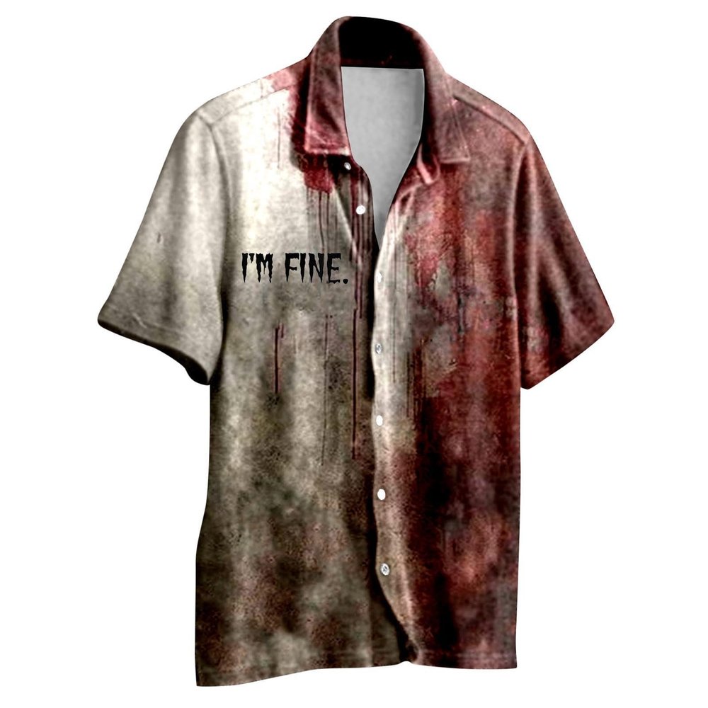 Halloween Shirt I'm Fine Bloody Shirt Short Sleeve Button Down Shirt Halloween Bloody Cloth Horror Shirts Funny Shirts Brick Red