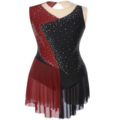 HULIJA Women Rhinestone Figure Skating Dress Sleeveless Skirted Leotard Lyrical Ballet Leotard Dancewear Burgundy Medium