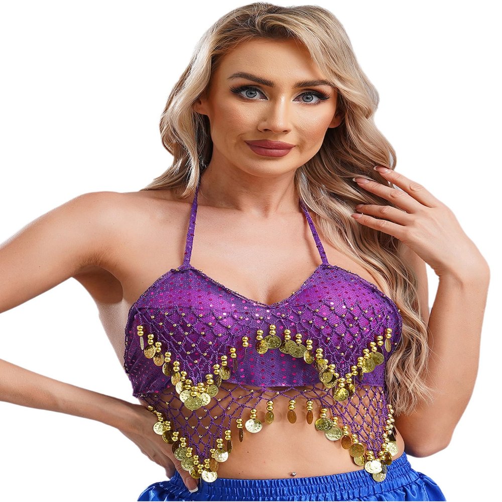 Agoky Women's Indian Belly Dance Bra Fringe Shiny Brassiere Sequin Mesh Plastic Beads Crop Top Purple One Size