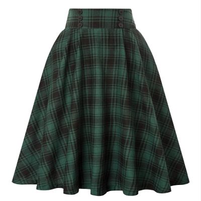Womens Plaid Midi Skirt Vintage High Waist A Line Pleated Skirt with Pocket (US, Alpha, Medium, Regular, Regular, Green)