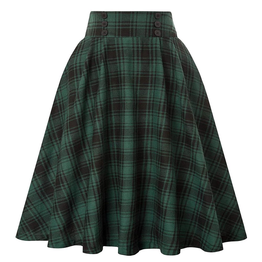 Womens Plaid Midi Skirt Vintage High Waist A Line Pleated Skirt with Pocket (US, Alpha, Medium, Regular, Regular, Green)