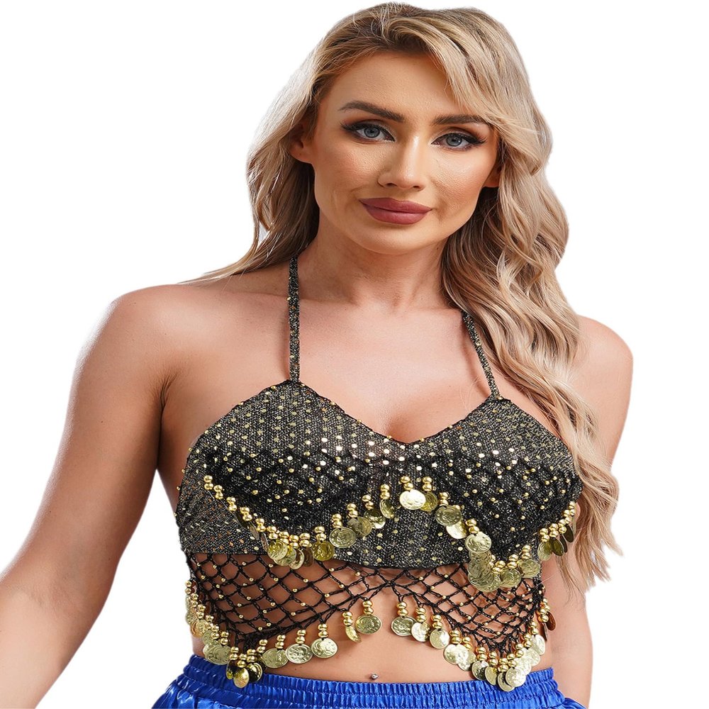 Agoky Women's Indian Belly Dance Bra Fringe Shiny Brassiere Sequin Mesh Plastic Beads Crop Top Black&Gold One Size