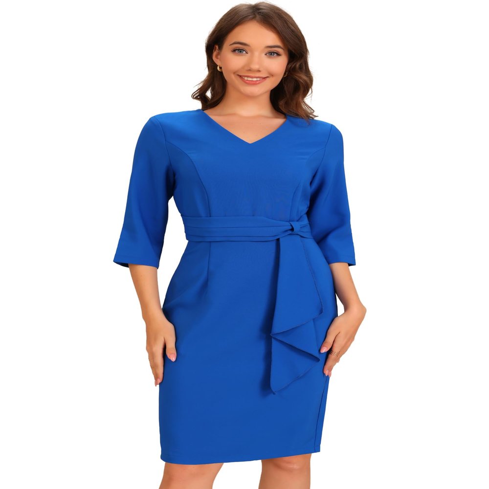 Allegra K Work Office Casual Dresses for Women's Half Sleeve Work Midi Dress Medium Blue